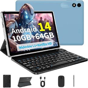 Tablet Android 14 Tablet 10 inch Tablet, 5G WiFi Octa-Core,10GB RAM + 64GB ROM (TF 2TB),FHD,Dual Camera,6000mAh,Bluetooth 5.0, Widevine L1, Tablet with Keyboard and Mouse(sky blue+Keyboard Sets)