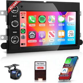 2G 64G Car Stereo for Ford F150 F250 F350 E250 E350 Fusion Edge Explorer Radio with Wireless Carplay Android Auto 7inch IPS Touchscreen Bluetooth DAB+ OBD2 WiFi FM/RDS GPS SWC +Backup Camera