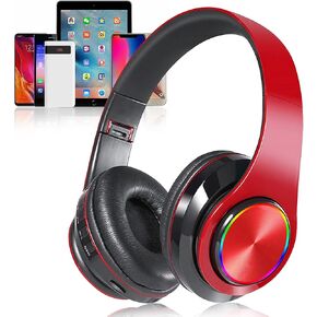 Over Ear Bluetooth Headphones, Foldable LED Stereo Headphones with Built-in Microphone, Noise-Cancelling Wireless Headset for PC/Smart Phone/TV (red)