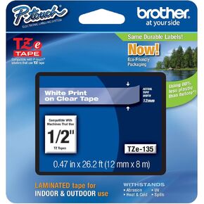 2/Pack Genuine Brother 1/2" (12mm) White on Clear TZe P-Touch Tape for Brother PT-1950, PT1950 Label Maker