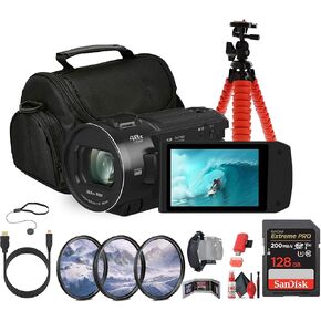 Panasonic HC-V900 Lightweight Full HD Camcorder with 24x Zoom (HC-V900K) + 128GB Memory Card + Tripod + Camera Bag + Lens Filter Kit + Flexible Tripod + Cleaning Kit + HDMI/Micro Cable + More