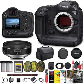 Canon EOS R1 Mirrorless Camera - 24MP, Full-Frame Stacked BSI CMOS Sensor RF 28mm f/2.8 Lens (6128C002) + 128GB CFexpress Card + Filter Kit + Bag + Photo Editing Software + More (Renewed)
