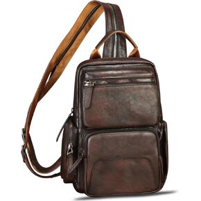 Genuine Leather Silng Bag for Men and Women Large Leather Sling Backpack Purse Crossbody Bag for Ipad Pro 12.9 inch