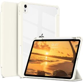 Case for iPad 10th Generation 2022 10.9 Inch with Pencil Holder, Acrylic Clear Transparent Back, Hybrid Slim Trifold Stand Protective Shockproof Cover for ipad 10 [Auto Sleep/Wake], Cream White