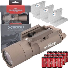 Sure Fire X300 Ultra (X300U-B) High Output 1000 Lumen LED Weapon Light (Tan) with 12 Extra 123A Batteries and 3 Battery Cases - Picatinny and Universal Rail Compatible