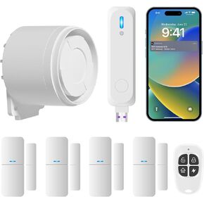 Wireless Home Alarm System 7-Piece Kit, WiFi Alarm System for Kids Safety, Home Security, Apartment, Door Window Alarm with Phone App Alert(130dB Alarm Siren, Remote, Door Sensors)