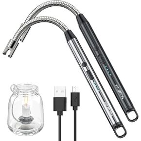 Windproof Candle Lighter, Rechargeable Type C Arc Electric Lighters with LED Battery Display, Flameless Long Lighters for Candles Grill BBQ Camping Fireworks (Black&Silver)