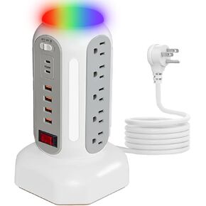 PD30W Power Strip Tower with Surge Protector,Retractable Extension Cord 6.5ft,15 AC Outlets Power Tower 6 USB (4 USB-A,2 USB-C) for Home Office (White)