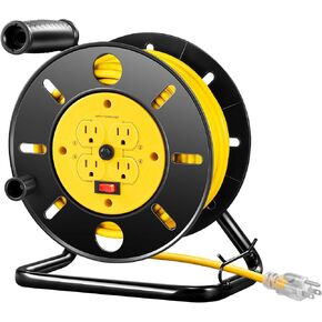 DEWENWILS Retractable Extension Cord Reel, 80FT Heavy Duty Open Cord Reel for Indoor Outdoor, 14/3 AWG SJTW, 4 Grounded Outlets, 13 Amp Circuit Breaker,Handle Rewind, Metal Stand, ETL Listed