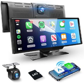 Podofo Wireless Carlay Portable Car Stereo, 9.3 Inch HD IPS Carplay Screen with Android Auto, 2.5K Dash Cam, 1080P Backup Camera, Loop Recording, 64G TF Card, Navigation, Dual Bluetooth, AUX/FM