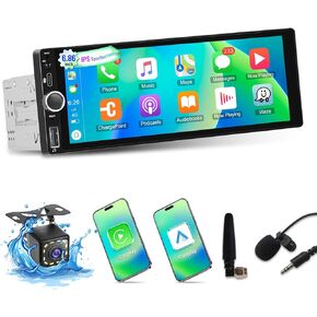 ستيريو سيارة مفردة من شاشة اللمس مع Carplay اللاسلكي و Android Auto - 6.86 بوصة 1280 * 480p IPS شاشة اللمس مع EQ ، راديو FM/RDS ، Bluetooth ، TF/AUX/USB/TYPE C ، SWC + كاميرا النسخ الاحتياطي