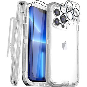 Case for iPhone 13 Pro Max Case 6.7" with Belt Clip Holster Kickstand, 2 Screen Protector & 2 Camera Lens Protector, Heavy Duty Full Body Protection Phone Case(Belt Clip,Crystal Clear)