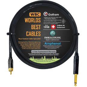 WORLDS BEST CABLES 2 Foot – TS to RCA Cable – Gotham GAC-1 Ultra Pro Low- Capacitance Instrument Cable & Neutrik NP2X-B & Amphenol ACPL-CBK Gold Plugs - Custom Made