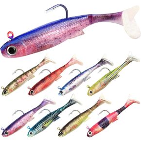 YOTO 8-Piece Pre-Rigged Soft Fishing Lures, Plastic Swimbaits for Bass and Walleye, Paddle Tail Jig Heads for Freshwater Saltwater, Ideal Gifts for Anglers