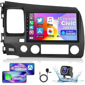 Podofo Android 13【2+64G】Car Stereo for Honda Civic 2006 2007 2008 2009 2010 2011 with Wireless Carplay Android Auto,9" IPS Touch Screen Car Radio with Mirror Link,BT,GPS,WiFi,SWC+AHD Backup Camera+MIC