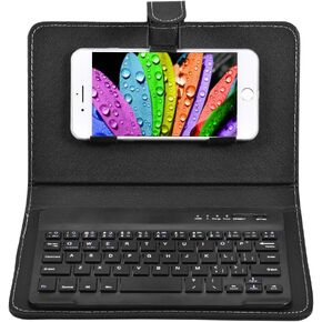 V BESTLIFE Portable Wireless Bluetooth Keyboard with Leather Case, Universal Keyboard with Portfolio Flip Case and Stand, Cover with for 4.5''-6.8'' iOS, Android and Windows Smart Phones (Black)