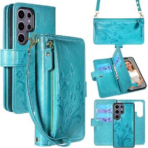 Lacass for Samsung Galaxy S25 Ultra Detachable Crossbody Wallet Case, Compatible with Wireless Charging, [Cards Theft Scan Protection], Magnetic Case Stand PU Leather Zipper(Floral Gray)
