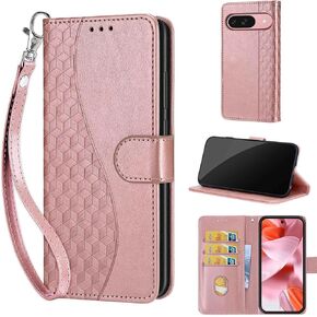 Designed for Google Pixel 9/9 Pro Case Wallet,Women Flip Folio Cover with Embossed PU Leather Stand Credit Card Holders Slots Wrist Strap Phone Case for Google Pixel 9 Pro (Rose Gold)