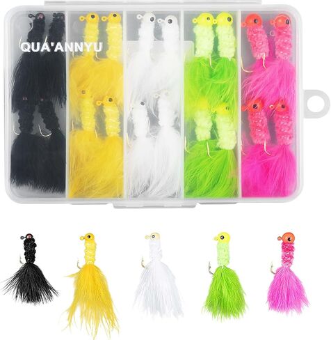 Marabou Jigs Fishing Lure Kit,20Pcs Marabou Feather Jigs Lures,Crappie Jig Heads with Hooks for Perch Panfish Sunfish Bluegill Trout Fishing Jigs 1/8oz 1/16oz 1/32oz in Saudi Arabia
