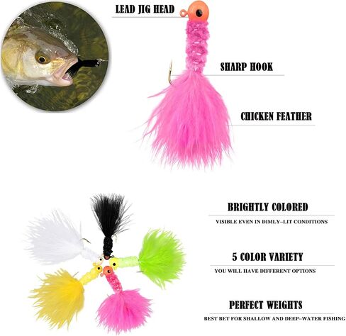 Marabou Jigs Fishing Lure Kit,20Pcs Marabou Feather Jigs Lures,Crappie Jig Heads with Hooks for Perch Panfish Sunfish Bluegill Trout Fishing Jigs 1/8oz 1/16oz 1/32oz in Saudi Arabia