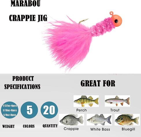 Marabou Jigs Fishing Lure Kit,20Pcs Marabou Feather Jigs Lures,Crappie Jig Heads with Hooks for Perch Panfish Sunfish Bluegill Trout Fishing Jigs 1/8oz 1/16oz 1/32oz in Saudi Arabia