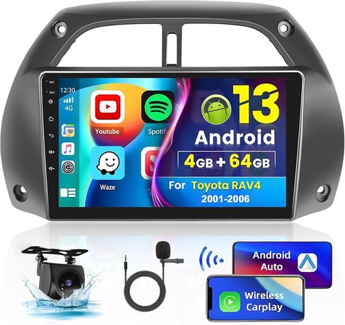 8-Core 4+64G Android 13 Car Stereo Upgrade Radio for Toyota RAV4 2001-2006, 9'' HD Touch Screen with Wireless CarPlay & Android Auto, AHD Backup Camera, Mirror Link, GPS Navigation in Kuwait