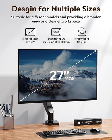 حامل شاشة فردي بسيط ، حامل ذراع شاشة ربيع غاز قابلة للتعديل بالكامل لشاشات 13-27 بوصة ، Vesa 75x75mm و 100x100mm in Kuwait