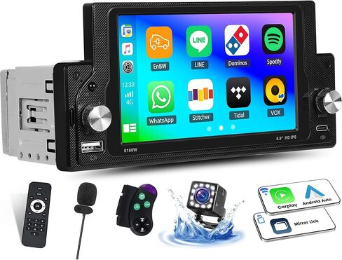 Camecho Single DIN Car Stero مع Carplay/Android Auto ، 5.9 بوصة IPS شاشة اللمس كاميرا احتياطية للسيارة Wirh ، و Car Raido Link/Bluetooth Handsfree/FM/USB/Type-C/EQ/SWC/Charging السريع in Kuwait
