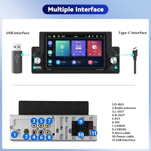 Camecho Single DIN Car Stero مع Carplay/Android Auto ، 5.9 بوصة IPS شاشة اللمس كاميرا احتياطية للسيارة Wirh ، و Car Raido Link/Bluetooth Handsfree/FM/USB/Type-C/EQ/SWC/Charging السريع in Kuwait