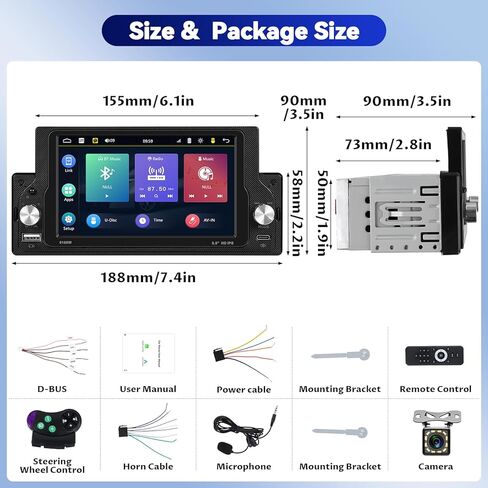 Camecho Single DIN Car Stero مع Carplay/Android Auto ، 5.9 بوصة IPS شاشة اللمس كاميرا احتياطية للسيارة Wirh ، و Car Raido Link/Bluetooth Handsfree/FM/USB/Type-C/EQ/SWC/Charging السريع in Kuwait