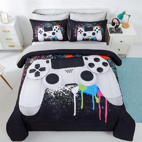 KAKKI 5 Piece Boys Queen Gamer Comforter Set with Sheets, 3D Colorful Video Game Controller Comforter for Kids Teen, All Season Soft Microfiber Gaming Bedding Set(White,Queen)