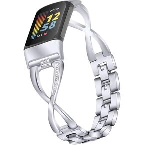 Bling Bands Compatible with Fitbit Charge 6/Charge 5, Shinny Metal Bracelet Straps Luxurious Rhinestone Replacement Wristband for Women