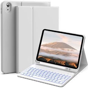 JKSML 10.9" Case for iPad 10th Gen 2022 with 7 Colors Backlit Keyboard & Pencil Holder, Detachable Bluetooth Round Key Keyboard (Quick Connection), Adjustable Brightness, Soft Silicone, Light Gray