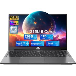 NIMO 15.6 FHD Laptop, Intel 6-Cores i3-1215U, 32GB RAM, 1TB SSD, (Beat i5-1135G7, Up to 4.4GHz), 65W Type-C, Fingerprint, Backlit Keyboard, IPS Business Laptop, Wi-Fi 6, Numpad, Win 11