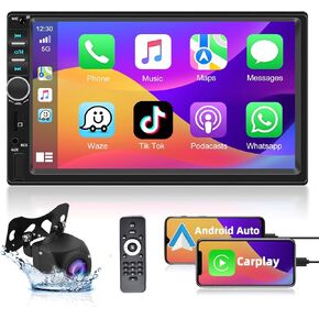 7 Inch Double Din Car Stereo Radio with Apple Carplay & Android Auto, Touchscreen Car Multimedia Player Audio Receivers with Bluetooth FM Radio Rear View Camera Support TF/USB