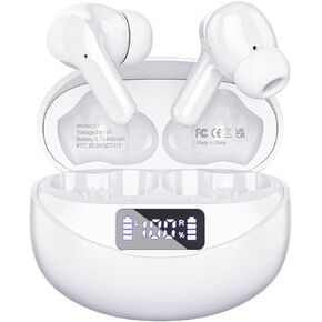 Wireless Earbuds Bluetooth Headphones 50H Playback Ear Buds with IPX7 Waterproof, HD Microphone, LED Display for iPhone and Andriod White