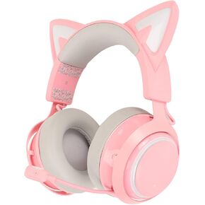 Sanpyl Gaming Headsets, RGB Light Cat Ear Headphone 2.4Ghz Bluetooth Wired 3 Modes Over Ear Headphones with Retractable 120° Rotatable Mic, 8Hrs Playtime, for Laptops PCs (Rose)