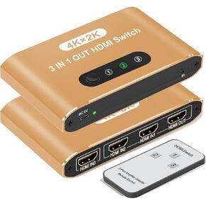 HDMI Switch 3 in 1 Out, 4K@30Hz HDMI Splitter with Remote Control, 3 Ports HDMI Switcher, Perfect for Full HD 4K 1080P 3D Video Roku Fire TV Blu-ray Players Stick Apple PS4/PS5 Xbox Chromecast (Gold)
