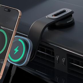 Coverado for Magsafe Car Mount Charger, QI2 15W Wireless Car Charger Adjustable Aluminum Alloy Arm Car Phone Holder, Magnetic Phone Holder for Car, Suction Cup Phone Mount for iPhone 16/15/14/13