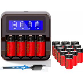 12-Pack 3.7V 123A Rechargeable Batteries and CR123A Charger for Arlo VMS3130 VMC3030 VMK3200 VMS3330 3430 3530 Cameras, Alarm System, Flashlight