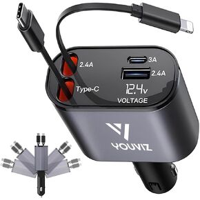 4-in-1 Retractable Car Charger with 2-Fast Charging Retractable Cables (2.6ft) and 2 USB Ports for iPhone, Android, USB-C & Micro USB – Universal, Compact, and Travel-Friendly Phone Charging Solution