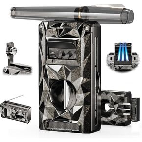 5-in-1 Torch Lighter, with V-Cutter, Holder, Punch, Draw Enhancer Tool, Windproof Triple Flame Torch Lighter, Multifunctional Accessories Gifts for Men, Refillable Butane Lighter for Candles, Travel