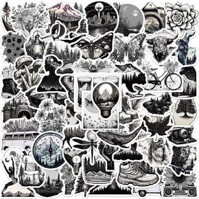 60Pcs Black White Outdoor Travel Nature Stickers - Vinyl Waterproof Forest Wildlife Camping Stickers for Water Bottles,Laptops,Scrapbooks,Luggage