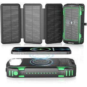 Solar Power Bank, 20000mAh Wireless Charger Power Bank, 15W Fast Charging Power Bank for Phone-Camping Battery Pack Charger Poatable Multi USB Ports Input/Output with Solar Panels(Green)