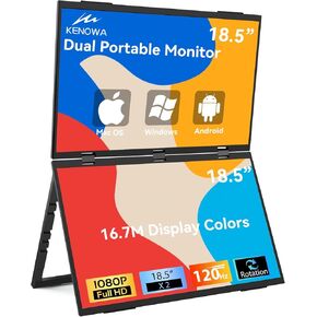 Kenowa 18.5" 120Hz Dual Monitor Portable Monitor Laptop Screen Extender 1080P Type-C Mini HDMI for PC Windows OS Phone Game Devices, 360° Folding Dual Screen Monitor,Built in Speakers