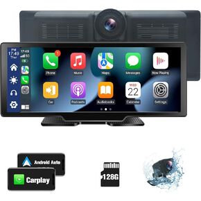 128GB Po rtable Wireless Carplay & Android Auto Car Stereo, HD Resolution 9.3 inch IPS Touch Screen GPS Navigation with 2.5K Dash Cam DVR, 1080P Backup Camera, Voice Control