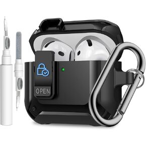 Secure Lock Case Cover Compatible with Airpod 4 Case 2024 with Cleaner Pen Keychain Rugged Armor Shockproof Protective Hard Cover Shell - Black/White