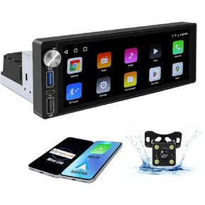 Single Din Car Stereo with Wireless Carplay Android Auto,6.9Inch Touchscreen Car Stereo Android 2G+32G,Car Raido with GPS Navigation,Backup Camera,Bluetooth,2 Subwoofers,FM SWC Car Audio Receiver