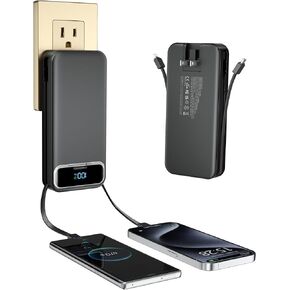 Portable-Charger Power-Bank with Built-in Cables & AC Wall Plug - 20000mAh PD 20W Fast Charging for iPhone,Android, USB-C,Rechargeable External Battery Pack for Cell Phone,Type C cords,Travel Black
