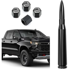 Car Truck Bullet Antenna Replacement with Tire Valve Caps - Anti Theft Design, Carwash Safe for GM Chevy Silverado GMC Sierra 1500 2500 3500 HD Avalanche Denali Accessories, Black